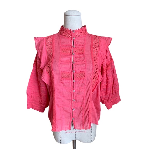 FP One Free People Rosalind Pink Coral Crochet Cotton Top Small - Picture 2 of 13